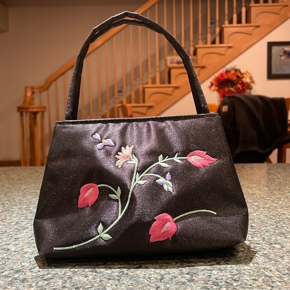 Black micro purse with floral embroidery on front Double handle and snap closure - Picture 1 of 7